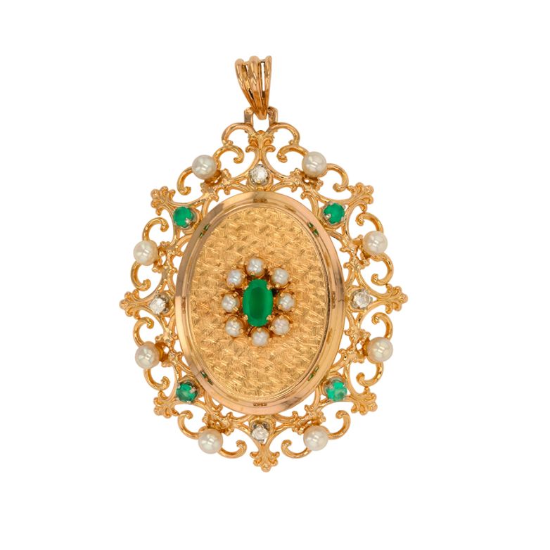 Pendentif chrysoprases, perles et roses de diamants or jaune 13.75g Comme neuf -  reconditionné disponible sur Gemme Les Bijoux